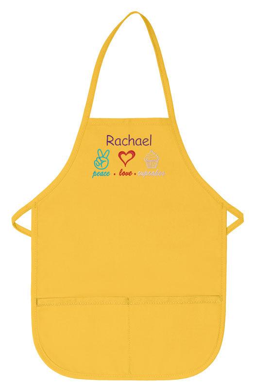 Personalized Child Apron Embroidered Peace Love Cupcake Design Add a Name - The ApronPlace