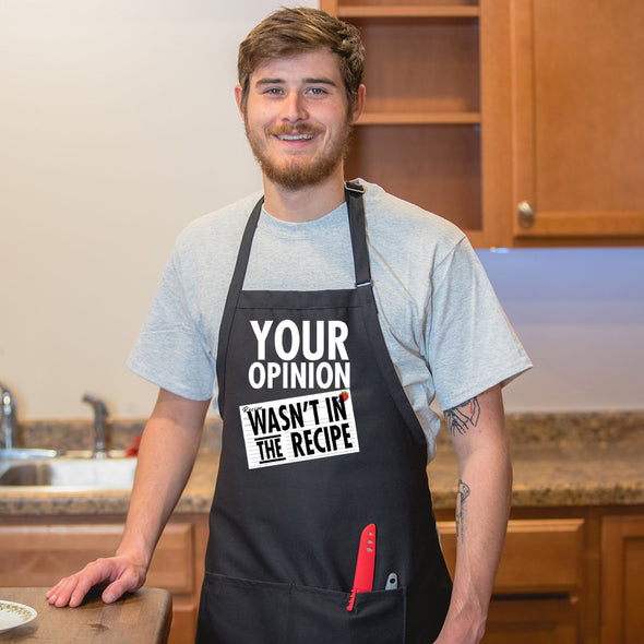 Printed Funny Kitchen Apron, Your Opinion Wasn't in The Recipe Design, Black, Blue, Red, Adjustable Straps, Cooking, BBQ, Grilling