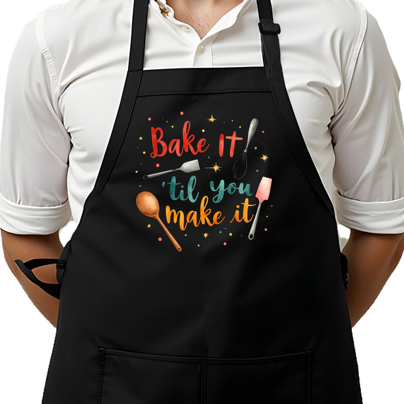 Printed Funny Kitchen Apron, Bake It 'til You Make It Design, Black, Adjustable Straps, Cooking, BBQ, Grilling