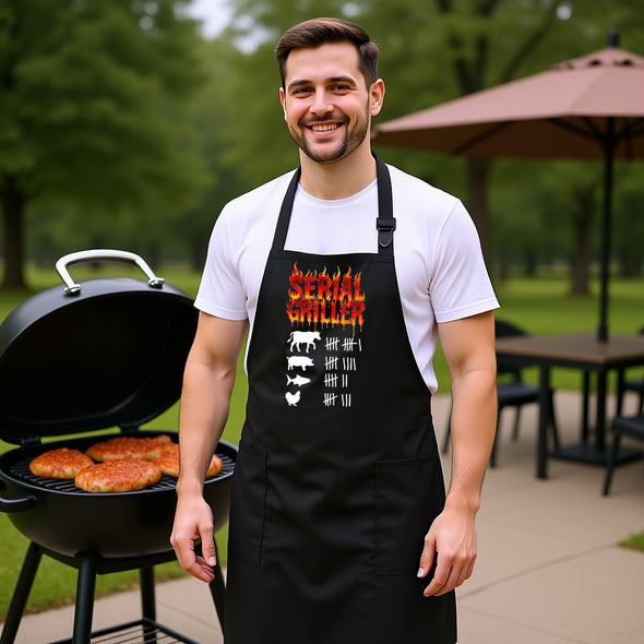 Printed Funny Kitchen Apron, Serial Griller Design, Black, Adjustable Straps, Cooking, BBQ, Grilling