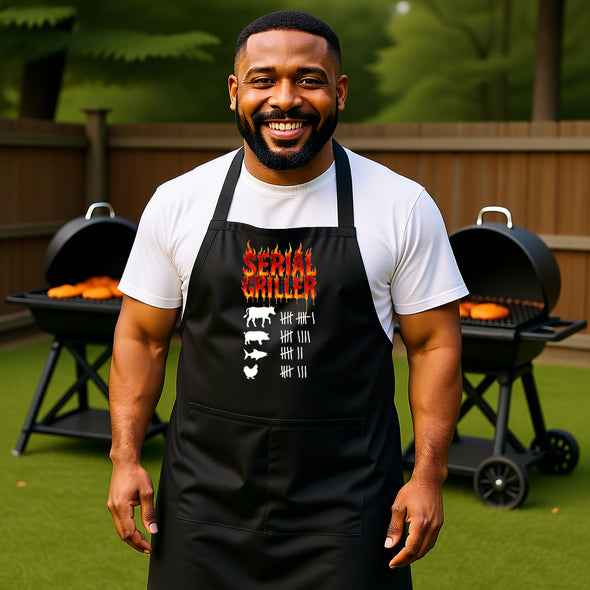 Printed Funny Kitchen Apron, Serial Griller Design, Black, Adjustable Straps, Cooking, BBQ, Grilling