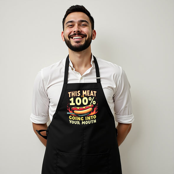 Printed Funny Kitchen Apron, This Meat is 100%, Black, Adjustable Straps, Cooking, BBQ, Grilling