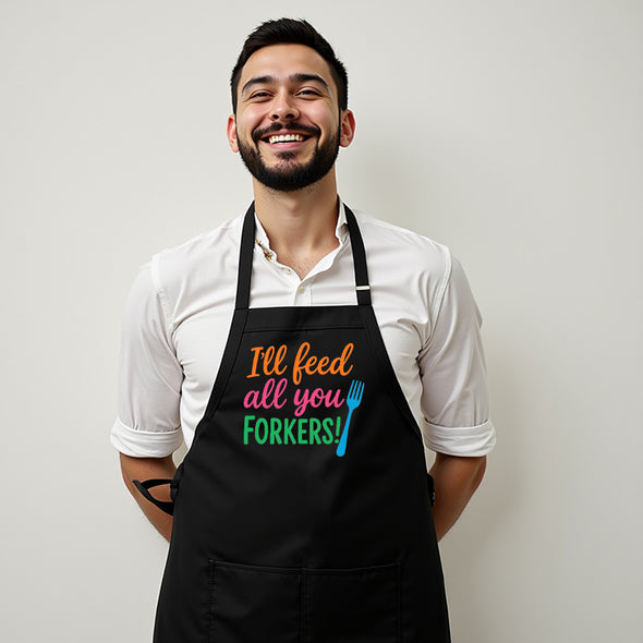 Printed Funny I'll Feed All You Forkers BBQ Apron – Black Cotton Blend 22x30, Humorous Designs for Men, Grilling & Kitchen Chef