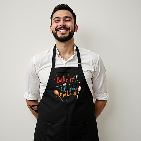 Printed Funny Kitchen Apron, Bake It 'til You Make It Design, Black, Adjustable Straps, Cooking, BBQ, Grilling
