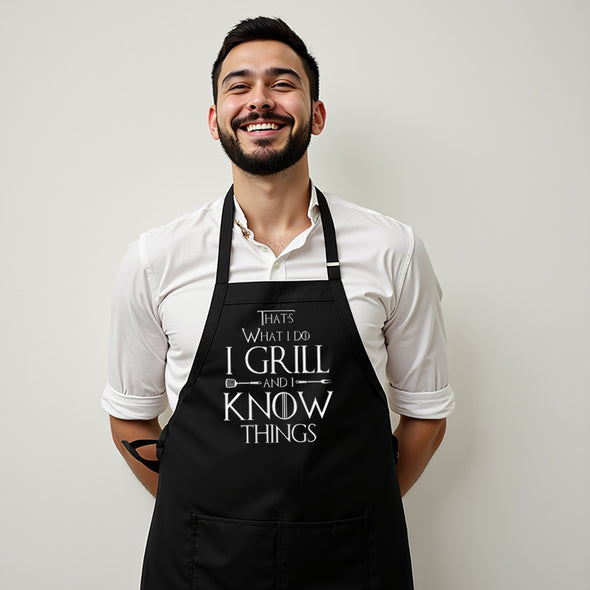 Printed Funny Kitchen Apron, Grill and Know Things Design, Black, Adjustable Straps, Cooking, BBQ, Grilling