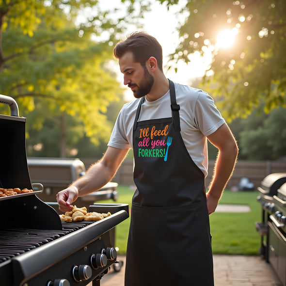 Printed Funny I'll Feed All You Forkers BBQ Apron – Black Cotton Blend 22x30, Humorous Designs for Men, Grilling & Kitchen Chef
