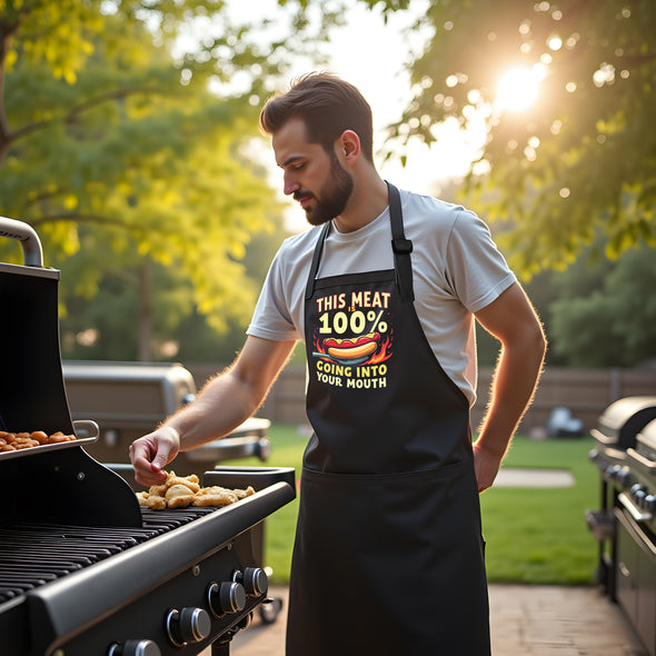 Printed Funny Kitchen Apron, This Meat is 100%, Black, Adjustable Straps, Cooking, BBQ, Grilling