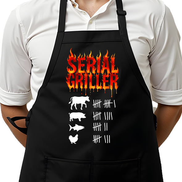 Printed Funny Kitchen Apron, Serial Griller Design, Black, Adjustable Straps, Cooking, BBQ, Grilling