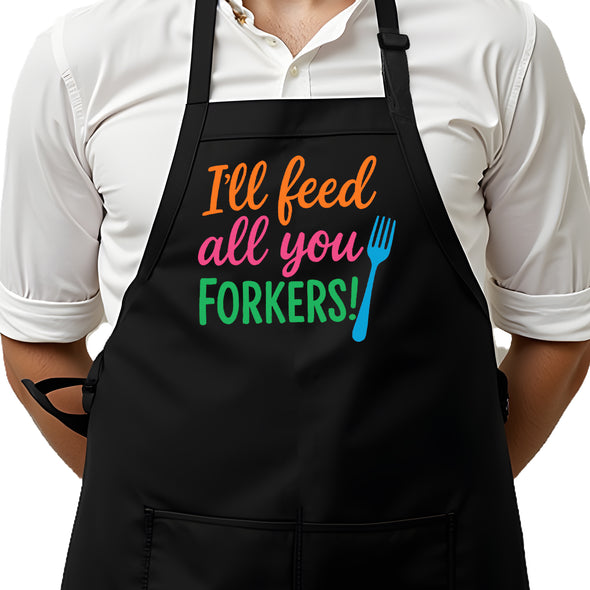 Printed Funny I'll Feed All You Forkers BBQ Apron – Black Cotton Blend 22x30, Humorous Designs for Men, Grilling & Kitchen Chef