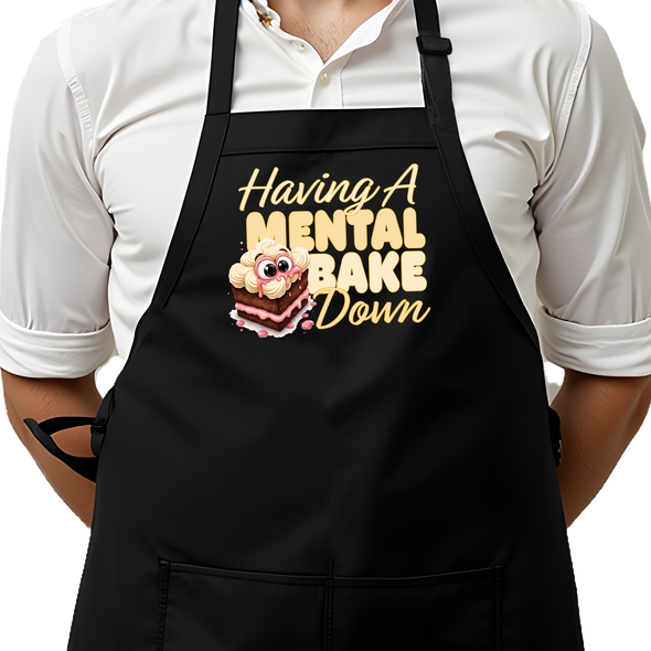 Printed Funny Kitchen Apron, Mental Bake Down Design, Black, Adjustable Straps, Cooking, BBQ, Grilling