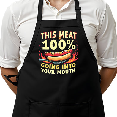 Printed Funny Kitchen Apron, This Meat is 100%, Black, Adjustable Straps, Cooking, BBQ, Grilling