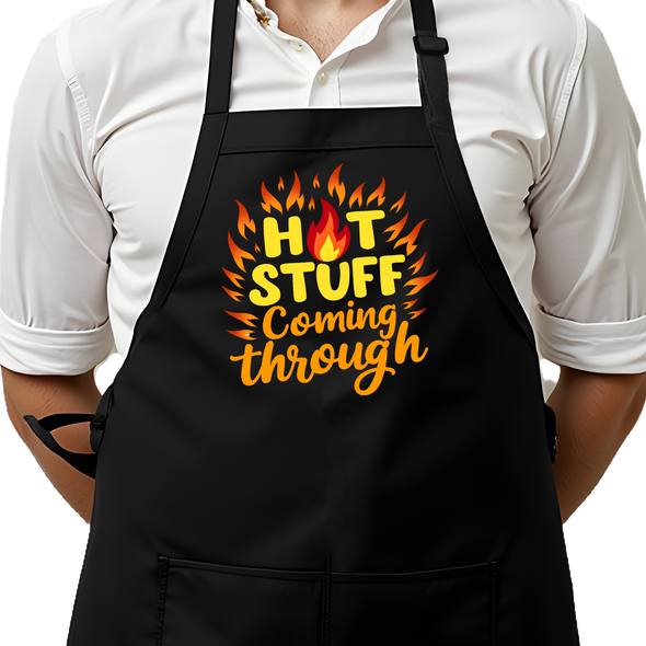 Printed Funny Kitchen Apron, Hot Stuff Design, Black, Adjustable Straps, Cooking, BBQ, Grilling