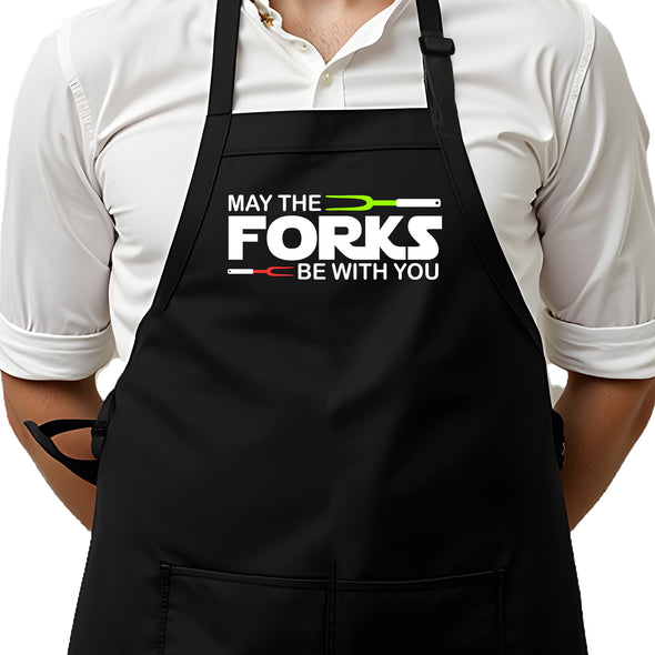 Printed Funny Kitchen Apron, May The Forks Be With You Design, Black, Adjustable Straps, Cooking, BBQ, Grilling
