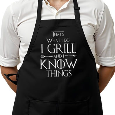 Printed Funny Kitchen Apron, Grill and Know Things Design, Black, Adjustable Straps, Cooking, BBQ, Grilling