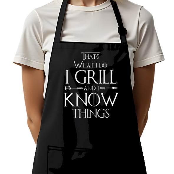Printed Funny Kitchen Apron, Grill and Know Things Design, Black, Adjustable Straps, Cooking, BBQ, Grilling