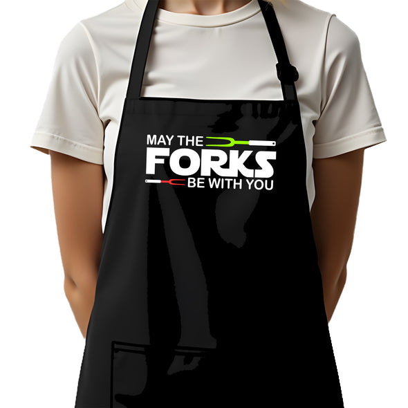 Printed Funny Kitchen Apron, May The Forks Be With You Design, Black, Adjustable Straps, Cooking, BBQ, Grilling