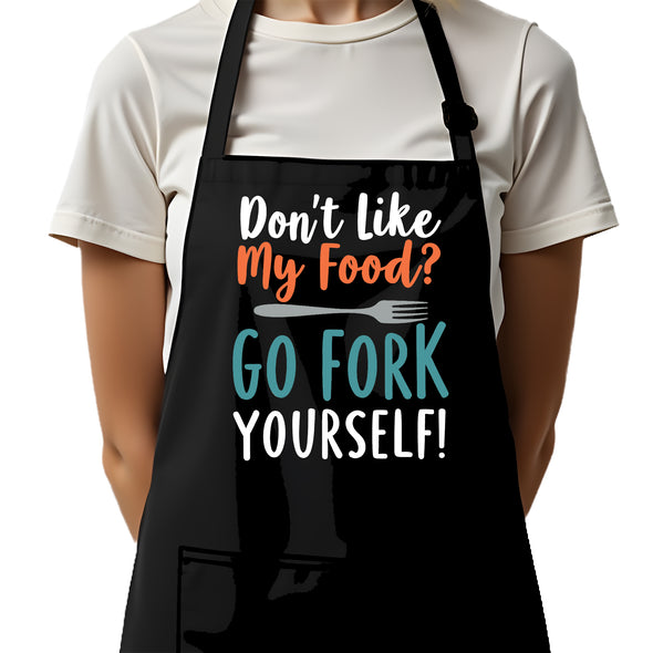 Printed Funny Kitchen Apron, Go Fork Yourself Design, Black, Adjustable Straps, Cooking, BBQ, Grilling