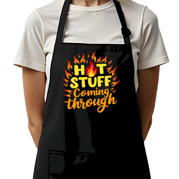 Printed Funny Kitchen Apron, Hot Stuff Design, Black, Adjustable Straps, Cooking, BBQ, Grilling