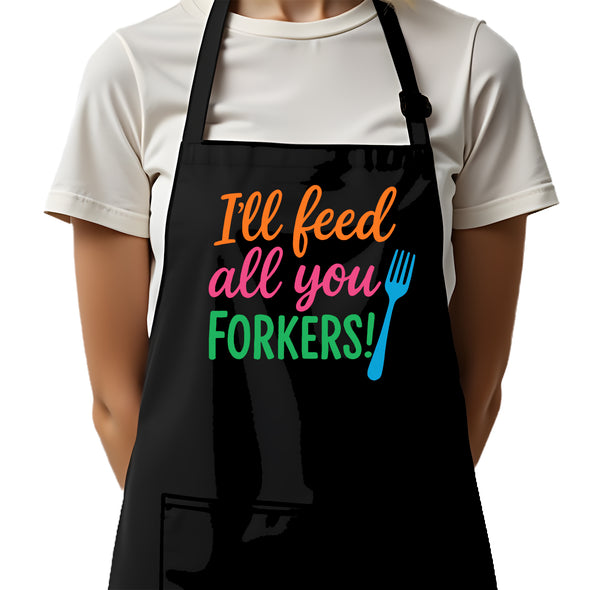 Printed Funny I'll Feed All You Forkers BBQ Apron – Black Cotton Blend 22x30, Humorous Designs for Men, Grilling & Kitchen Chef