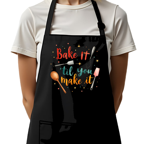 Printed Funny Kitchen Apron, Bake It 'til You Make It Design, Black, Adjustable Straps, Cooking, BBQ, Grilling