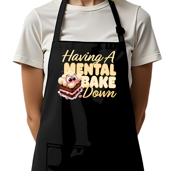 Printed Funny Kitchen Apron, Mental Bake Down Design, Black, Adjustable Straps, Cooking, BBQ, Grilling