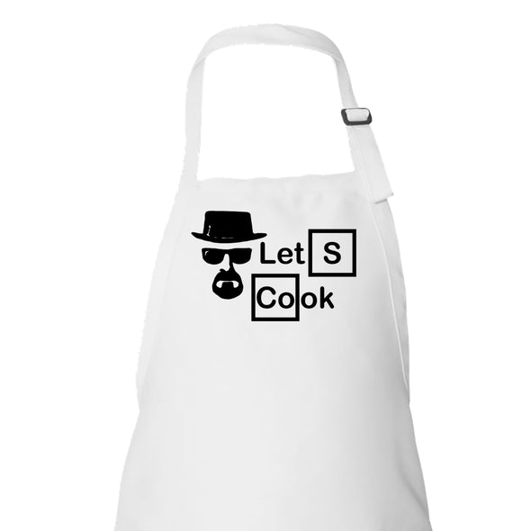 Printed Funny Kitchen Apron, Let's Cook Design, White, Adjustable Straps, Cooking, BBQ, Grilling