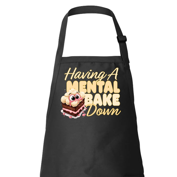 Printed Funny Kitchen Apron, Mental Bake Down Design, Black, Adjustable Straps, Cooking, BBQ, Grilling
