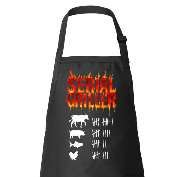 Printed Funny Kitchen Apron, Serial Griller Design, Black, Adjustable Straps, Cooking, BBQ, Grilling