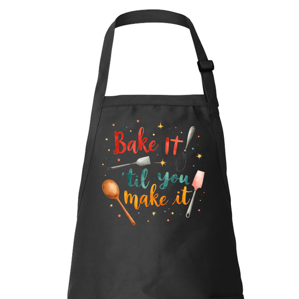 Printed Funny Kitchen Apron, Bake It 'til You Make It Design, Black, Adjustable Straps, Cooking, BBQ, Grilling