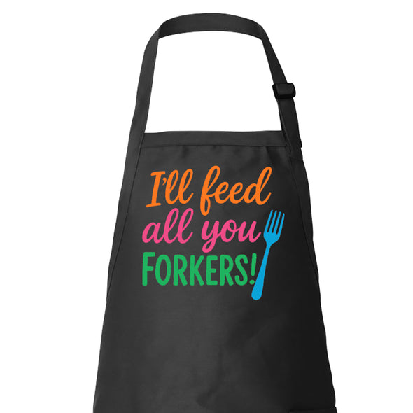 Printed Funny I'll Feed All You Forkers BBQ Apron – Black Cotton Blend 22x30, Humorous Designs for Men, Grilling & Kitchen Chef