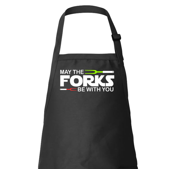 Printed Funny Kitchen Apron, May The Forks Be With You Design, Black, Adjustable Straps, Cooking, BBQ, Grilling