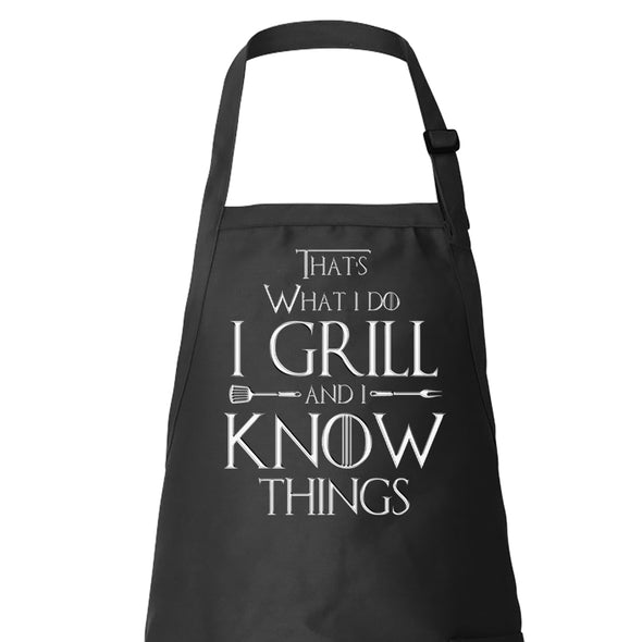 Printed Funny Kitchen Apron, Grill and Know Things Design, Black, Adjustable Straps, Cooking, BBQ, Grilling