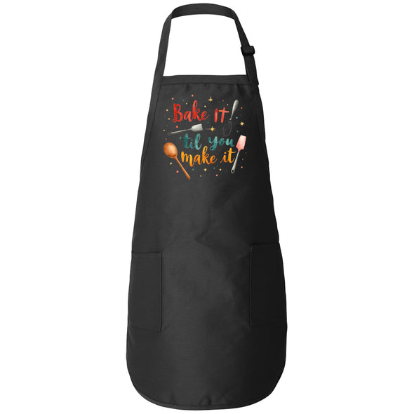 Printed Funny Kitchen Apron, Bake It 'til You Make It Design, Black, Adjustable Straps, Cooking, BBQ, Grilling