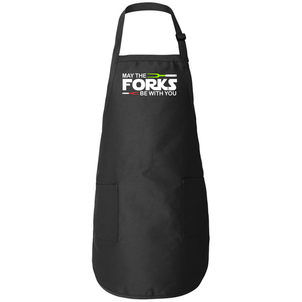 Printed Funny Kitchen Apron, May The Forks Be With You Design, Black, Adjustable Straps, Cooking, BBQ, Grilling