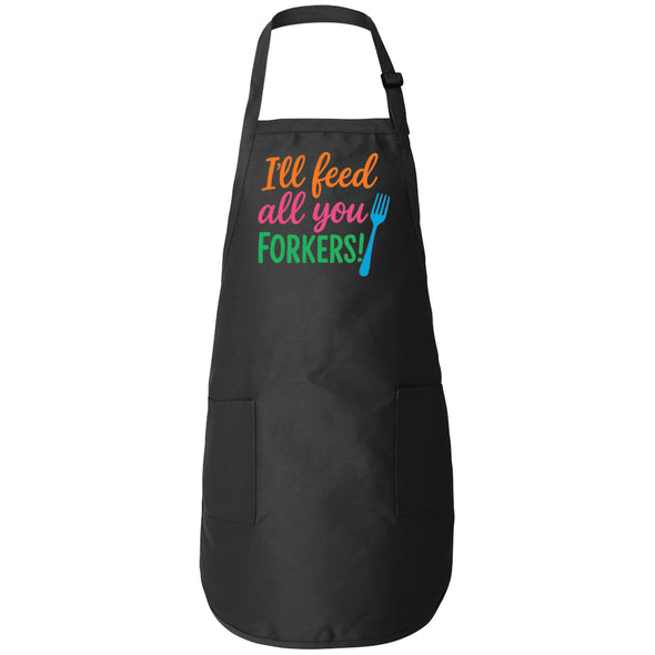 Printed Funny I'll Feed All You Forkers BBQ Apron – Black Cotton Blend 22x30, Humorous Designs for Men, Grilling & Kitchen Chef