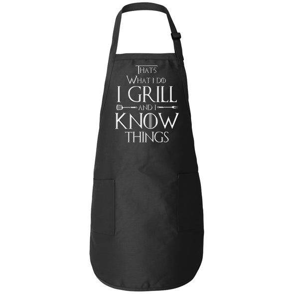 Printed Funny Kitchen Apron, Grill and Know Things Design, Black, Adjustable Straps, Cooking, BBQ, Grilling