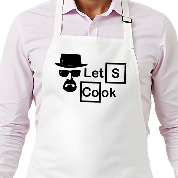 Printed Funny Kitchen Apron, Let's Cook Design, White, Adjustable Straps, Cooking, BBQ, Grilling