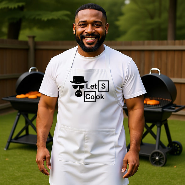 Printed Funny Kitchen Apron, Let's Cook Design, White, Adjustable Straps, Cooking, BBQ, Grilling