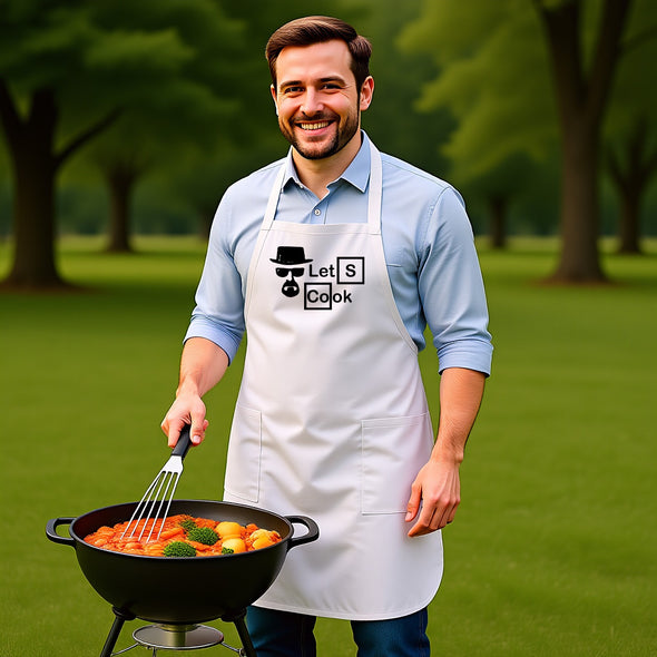 Printed Funny Kitchen Apron, Let's Cook Design, White, Adjustable Straps, Cooking, BBQ, Grilling
