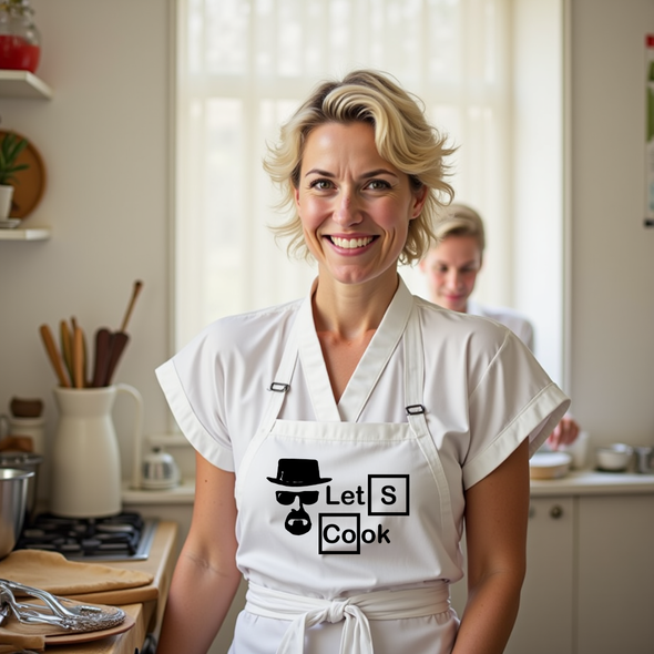 Printed Funny Kitchen Apron, Let's Cook Design, White, Adjustable Straps, Cooking, BBQ, Grilling