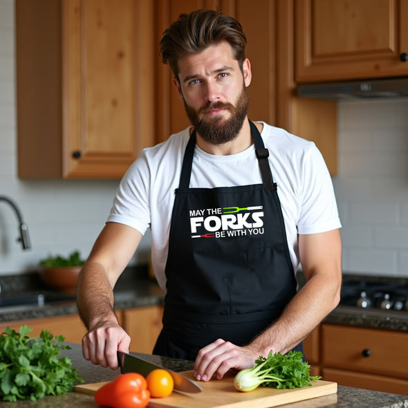Printed Funny Kitchen Apron, May The Forks Be With You Design, Black, Adjustable Straps, Cooking, BBQ, Grilling
