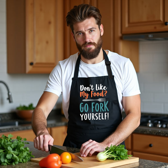 Printed Funny Kitchen Apron, Go Fork Yourself Design, Black, Adjustable Straps, Cooking, BBQ, Grilling