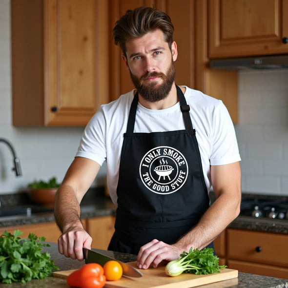 Printed Funny Kitchen Apron, I Only Smoke the Good Stuff Design, Black, Adjustable Straps, Cooking, BBQ, Grilling