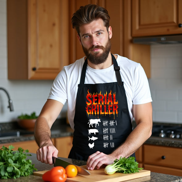 Printed Funny Kitchen Apron, Serial Griller Design, Black, Adjustable Straps, Cooking, BBQ, Grilling