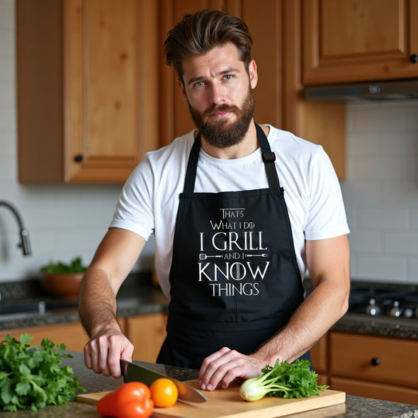 Printed Funny Kitchen Apron, Grill and Know Things Design, Black, Adjustable Straps, Cooking, BBQ, Grilling