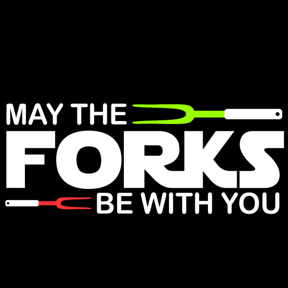 Printed Funny Kitchen Apron, May The Forks Be With You Design, Black, Adjustable Straps, Cooking, BBQ, Grilling