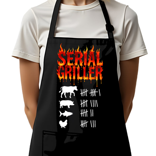 Printed Funny Kitchen Apron, Serial Griller Design, Black, Adjustable Straps, Cooking, BBQ, Grilling