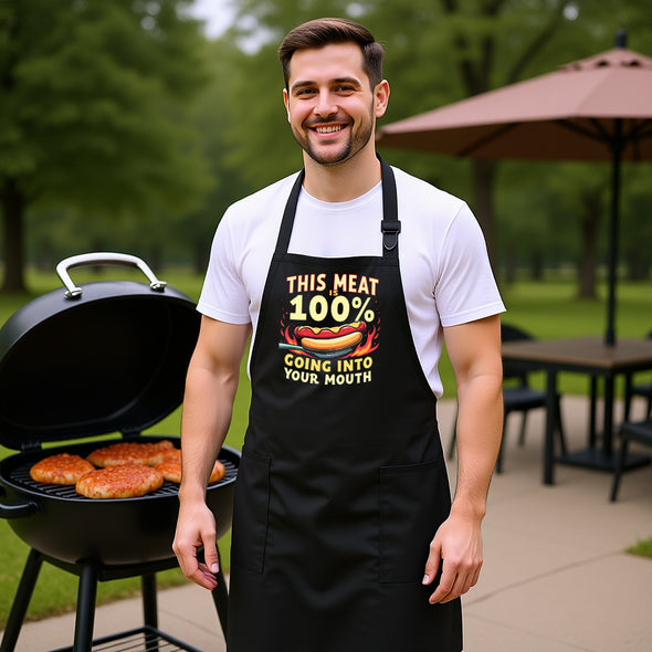 Printed Funny Kitchen Apron, This Meat is 100%, Black, Adjustable Straps, Cooking, BBQ, Grilling