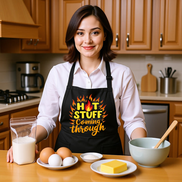 Printed Funny Kitchen Apron, Hot Stuff Design, Black, Adjustable Straps, Cooking, BBQ, Grilling