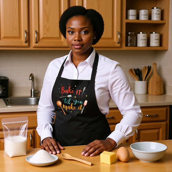 Printed Funny Kitchen Apron, Bake It 'til You Make It Design, Black, Adjustable Straps, Cooking, BBQ, Grilling